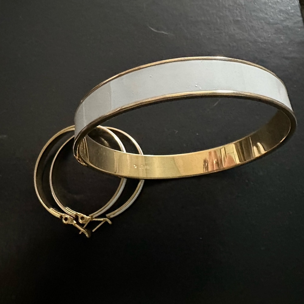 Vintage Monet White Enamel & Gold Tone Bangle Bracelet and Earrings